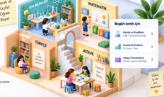 Fen, matematik, Türkçe ve atölye alanlarından oluşan renkli öğrenme dünyası